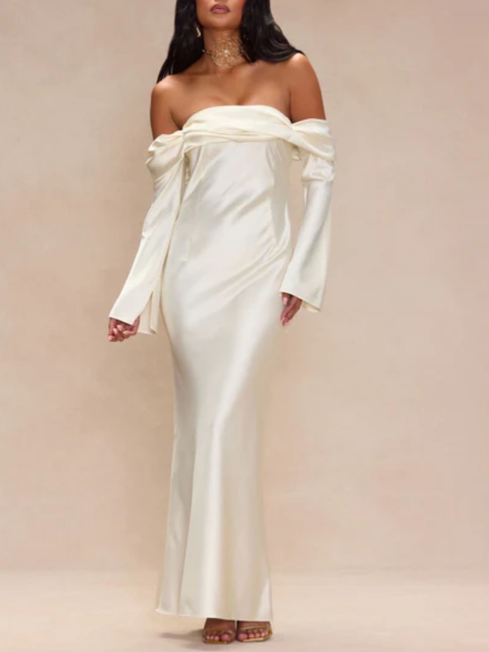 Amandine Satin Off-Shoulder Maxi Gown - Cream